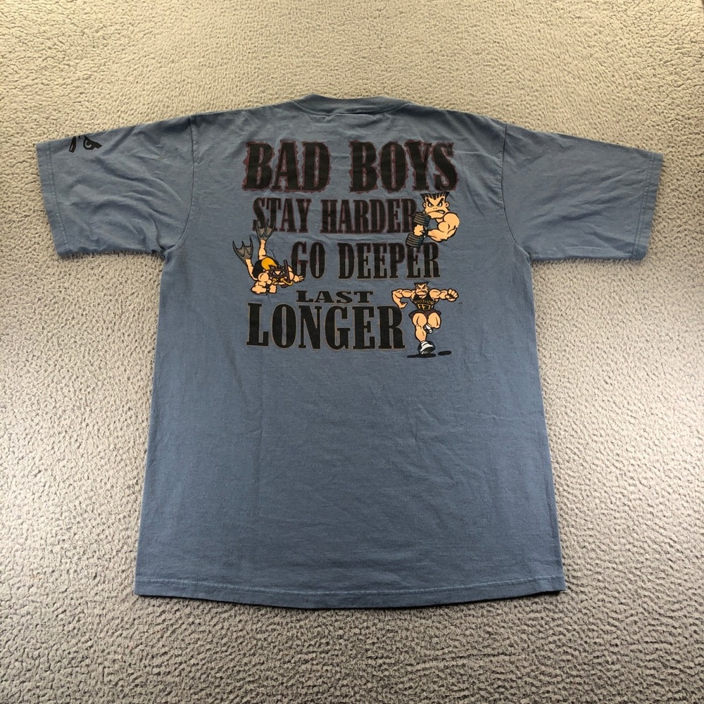 VTG Bad Boys Club Shirt Mens L Blue Stay Harder Go Deeper Last Longer 90s USA - Picture 1 of 13